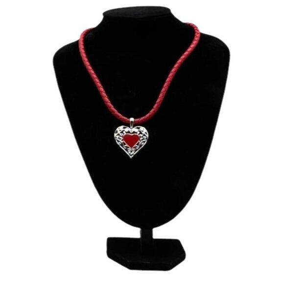Red Braided Cord Necklace Silver Tone Heart Pendant Red Center Stone Womens - Picture 1 of 8